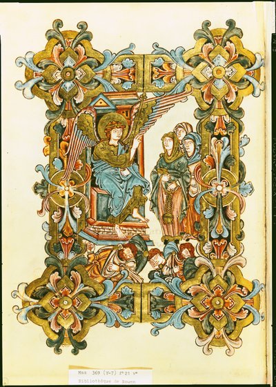 Ms 369 fol.21v Las Santas Mujeres en la Tumba, del Pontifical de Winchester, finales del siglo X a principios del XI de English School