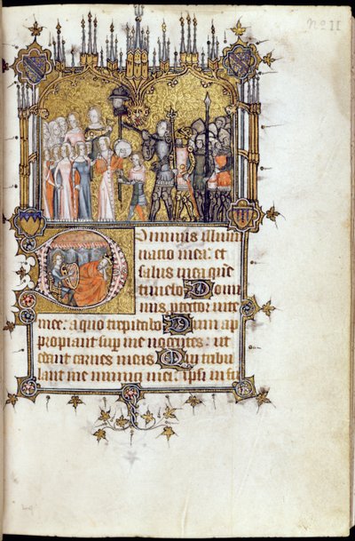 David a la cabeza de una procesión llevando la cabeza de Goliat en una lanza, del Salterio de Bohun, c.1370 de English School