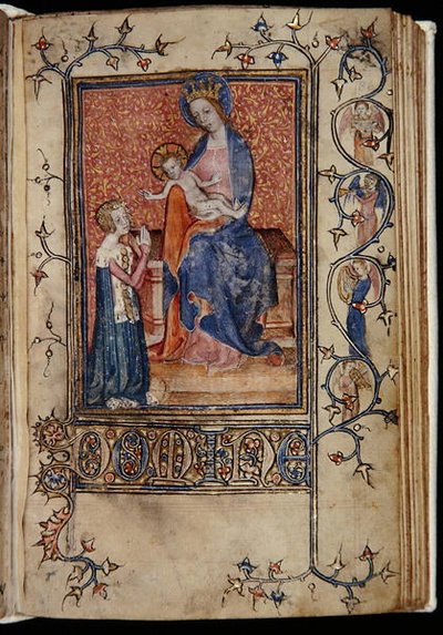 Ms 48, f.86r: El propietario del manuscrito rezando a la Virgen y al Niño, de las Horas Carew-Poyntz, Uso de Sarum, c.1390-1400 de English School
