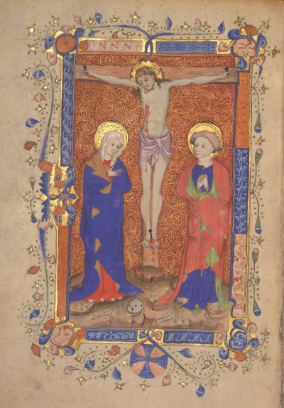 Ms 515 fol.108r Crucifixión con Santa María y San Juan Bautista, del Misal de San Botolph Aldersgate, c.1420-30 de English School