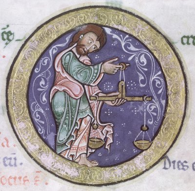 Ms Hunter 229 f.5r Libra, del Salterio Hunteriano, c.1170 (pluma y temple sobre vitela) (detalle) de English School