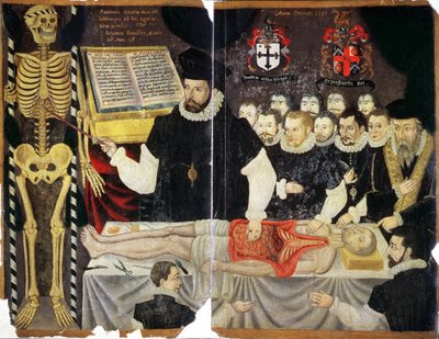 Ms Hunter 364 Top v14 fol.59 Frontispiece, John Bannister Lecture with Dissection (oil on brown paper) de English School
