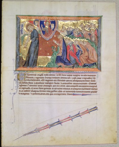 El séptimo ángel tocando su trompeta y los 24 ancianos adorando a Dios, del Apocalipsis de Gulbenkian, c.1265-70 de English School