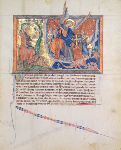 La mujer escondida en el desierto mientras el Arcángel Miguel lucha contra el dragón en el cielo, del Apocalipsis de Gulbenkian, c.1265-70 de English School