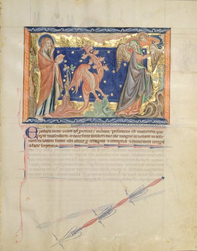 San Juan viendo a un ángel ayudar a la mujer a escapar del dragón rojo, del Apocalipsis de Gulbenkian, c.1265-70 de English School