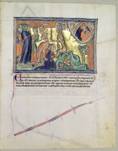 El Señor viendo a la gente adorar a la bestia del mar en presencia del dragón rojo, del Apocalipsis de Gulbenkian, c.1265-70 de English School