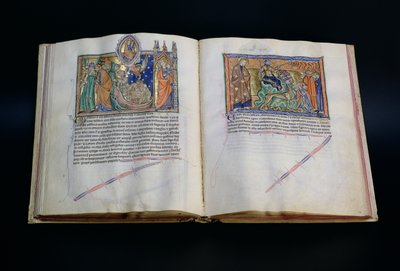 La bestia blasfemando el nombre de Dios y la gente adorando a la tercera y segunda bestias, del Apocalipsis de Gulbenkian, c.1265-70 de English School