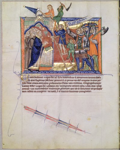 El Guerrero Divino liderando un ejército contra los que atacan a los fieles, del Apocalipsis de Gulbenkian, c.1265-70 de English School