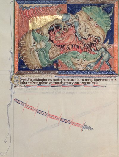 Las fauces del infierno tragándose al dragón rojo, la bestia del mar y la bestia de la tierra, del Apocalipsis de Gulbenkian, c.1265-70 de English School