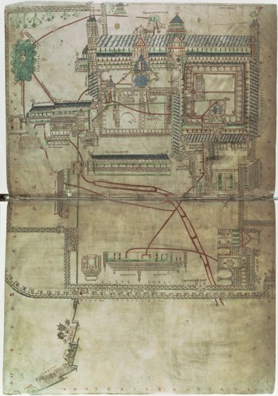 Ms R 171 f.285 Plano de la catedral de Canterbury y del sistema de tuberías, del "Salterio de Eadwine", c.1150 (vitela) de English School