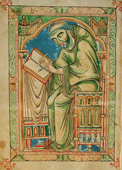 Ms R 17 I f.283v Monje Eadwine trabajando en el manuscrito, Salterio Eadwine, c.1150 (vitela) de English School