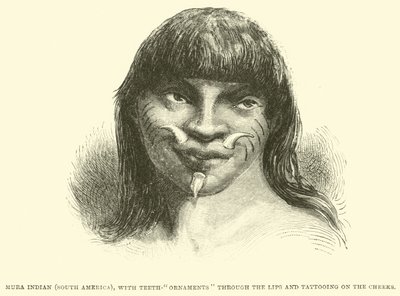 Indio Mura (Sudamérica), con adornos dentales a través de los labios y tatuajes en las mejillas de English School