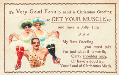 Hombre musculoso llevando chicas en el hombro, Tarjeta de Navidad de English School