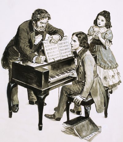 El profesor de música Friedrich Wieck grita a Robert Schumann mientras su hija, Clara Wieck, observa de English School
