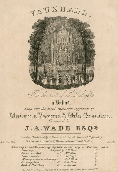 Partitura musical: Es el mejor de todos los placeres, cantada por Madame Vestris y Miss Graddon, compuesta por J A Wade de English School