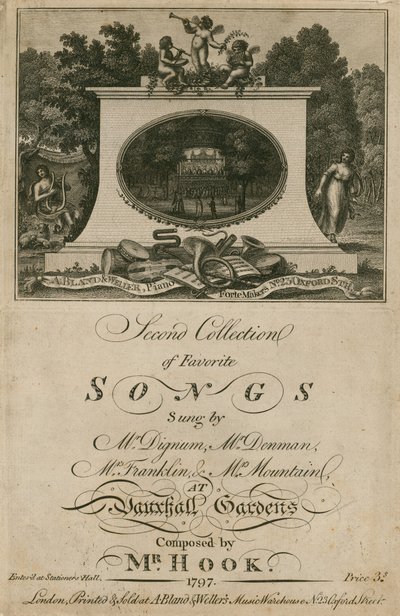 Partitura musical recopilando canciones favoritas cantadas en Vauxhall Gardens, Londres, compuestas por el Sr. Hook de English School