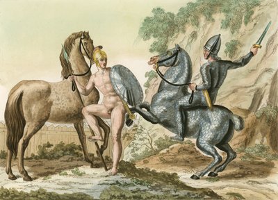 Soldado griego desnudo bajo ataque de English School