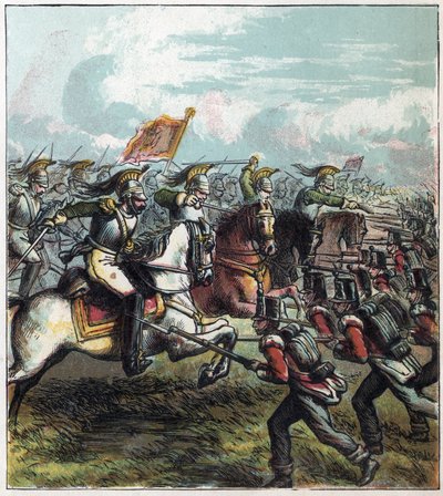 Guerra Napoleónica: la Batalla de Waterloo el 18/06/1815. La caballería francesa de Napoleón I cargó contra el ejército inglés, la derrota de los franceses marcó el fin del Imperio de Napoleón I. 