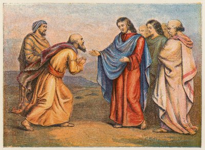 Natanael llevado a Jesús (litografía en color) de English School