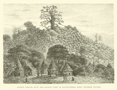 Cabañas cónicas nativas y árbol de baobab en Kourounding Koto, Soudan Occidental de English School