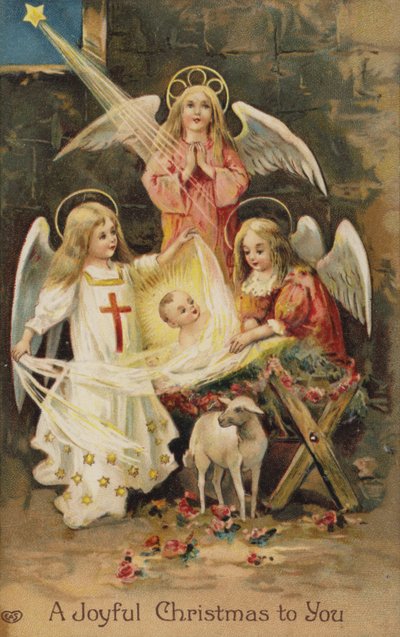 Belén con ángeles (cromolito) de English School