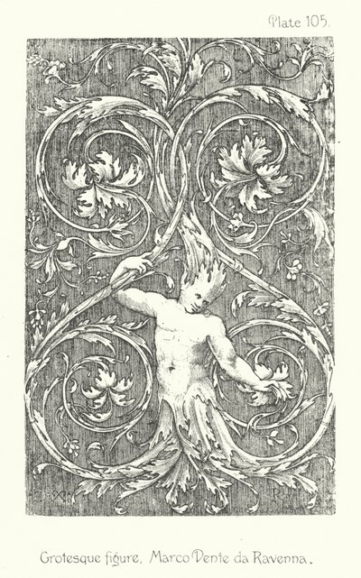 La naturaleza en el ornamento: figura grotesca, Marco Dente da Ravenna (litografía) de English School