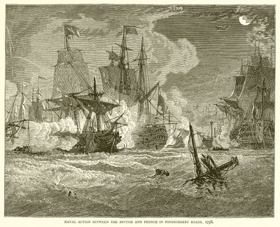 Acción Naval entre los Británicos y Franceses en las Carreteras de Pondicherry, 1758 de English School