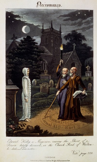 Necromancia: Edward Kelly, un mago, levantando el fantasma de una persona recientemente fallecida, en el patio de la iglesia de Walton-le-dale, Lancaster, de 