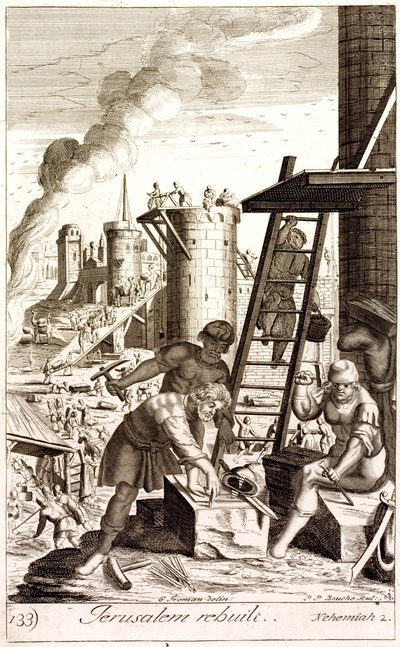 Nehemías reconstruyendo los muros de Jerusalén (grabado) de English School