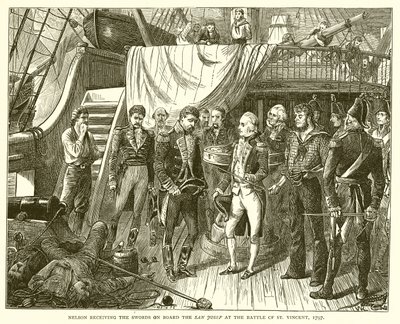 Nelson recibiendo las Espadas a bordo del San Josef en la Batalla de San Vicente, 1797 de English School