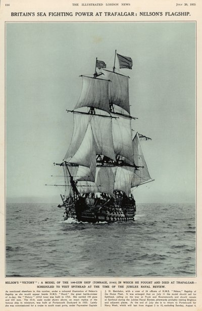 La Victoria de Nelson: un modelo del barco de 100 cañones en el que luchó y murió en Trafalgar, de The Illustrated London News Royal Naval and Military Review Number, 20 de julio de 1935 de English School