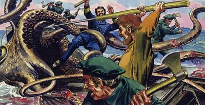 Nemo fue sostenido en uno de los tentáculos de la criatura cuando Land le clavó un arpón de English School