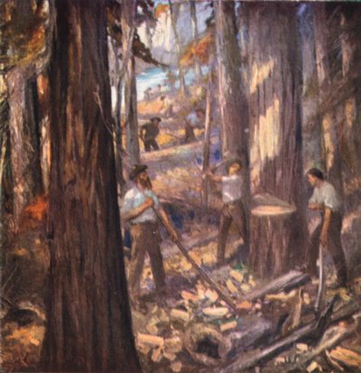 New Brunswick, William Davidson, primer leñador de Canadá, cortando mástiles para la marina británica (litografía en color) de English School