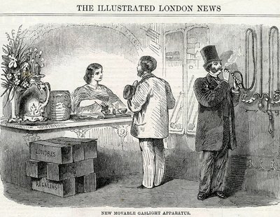 Nuevo aparato de luz de gas móvil, tomado del London Illustrated News de English School