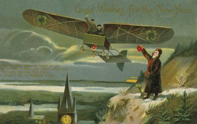 Tarjeta de Año Nuevo con un avión (litografia de color) de English School
