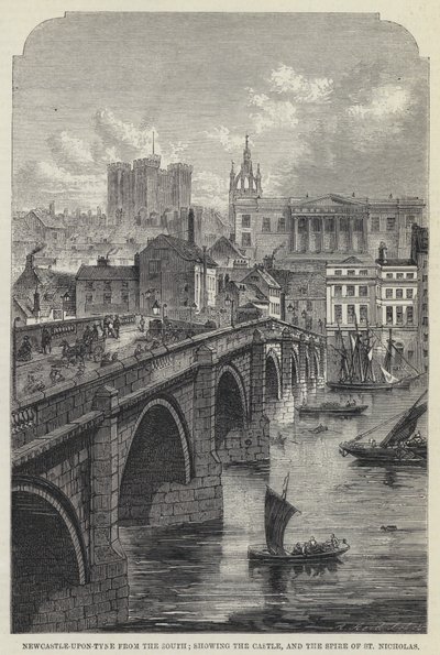 Newcastle-upon-Tyne desde el Sur, mostrando el Castillo y la Aguja de St Nicholas (grabado) de English School