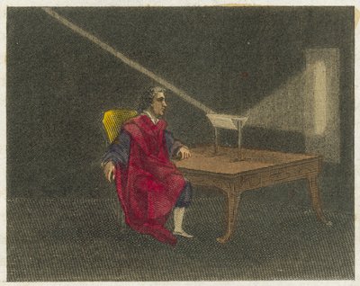 Newton descubre la naturaleza de la luz (grabado en color) de English School