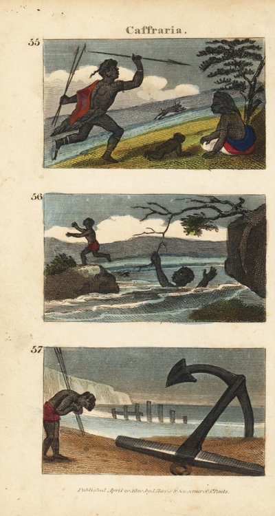 Guerrero Nguni o Bantu (Kaffir) cazando antílopes con lanzas, abandonando a una mujer que se ahoga en un río y adorando un ancla de un barco de las Indias Orientales de English School