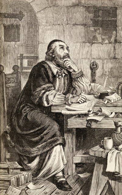 Nicholas Ridley escribiendo cartas en prisión mientras espera su ejecución, c.1865 de English School