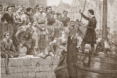 Nicolás predicando a la multitud desde un barco en el Escalda, ilustración de La Historia del Protestantismo de James Aitken Wylie (1808-1890), pub. 1878 de English School