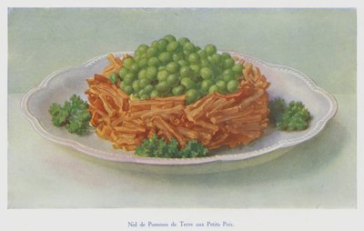 Nido de patatas con guisantes (litografía en color) de English School