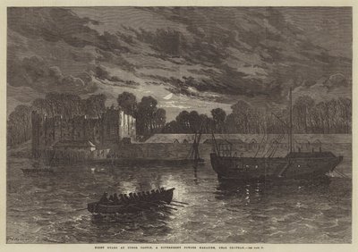 Guardia nocturna en el Castillo de Upnor, un almacén de pólvora del gobierno, cerca de Chatham de English School