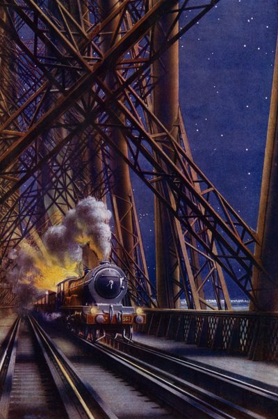 Tren nocturno cruzando el puente Forth, Escocia (litografia en color) de English School