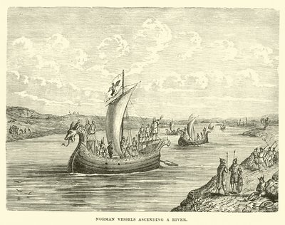 Barcos normandos ascendiendo un río de English School