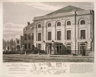 Vista Noreste del Teatro de Surrey, anteriormente El Circo Real cerca del obelisco, Great Surrey Street, 1814 de English School