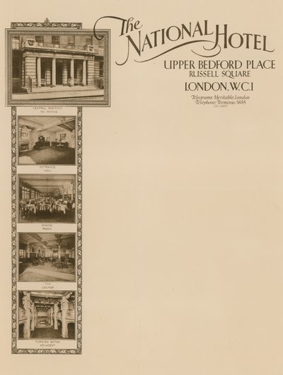 Papel con membrete del The National Hotel, Upper Bedford Place, Russell Square de English School