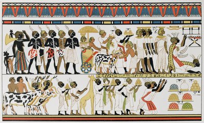 Jefes nubios trayendo regalos al Rey de Egipto, copia de una pintura mural egipcia antigua de una tumba en Tebas, de La Historia de la Humanidad, Vol.III, por Prof. Friedrich Ratzel de English School