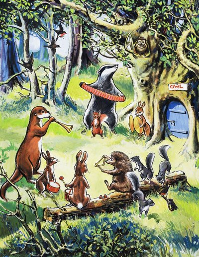 Animales de la guardería jugando en el bosque de English School