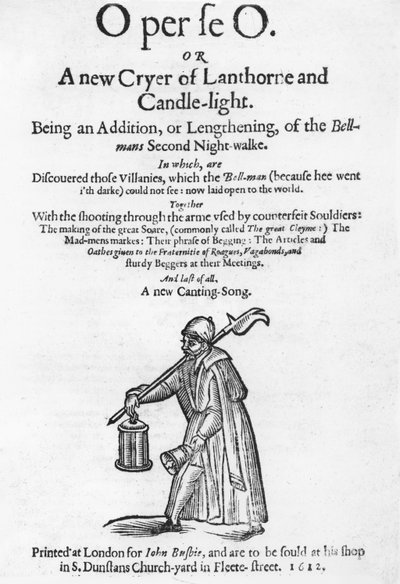 O per se O, o Un nuevo pregonero de linterna y luz de vela, portada de un libro, impreso por John Busbie, 1612 de English School