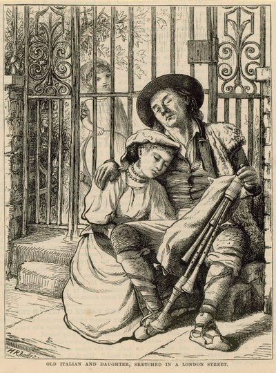 Viejo italiano y su hija, esbozados en una calle de Londres de English School